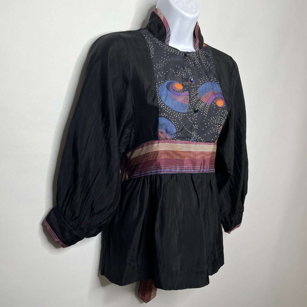 Vintage 70s Sharon's World Black Satin Balloon Sleeve Peasant Blouse Top - Picture 3 of 8